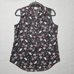 CAbi Plaza Fiesta Floral Sleeveless Top Print Gray with Red Pink Small